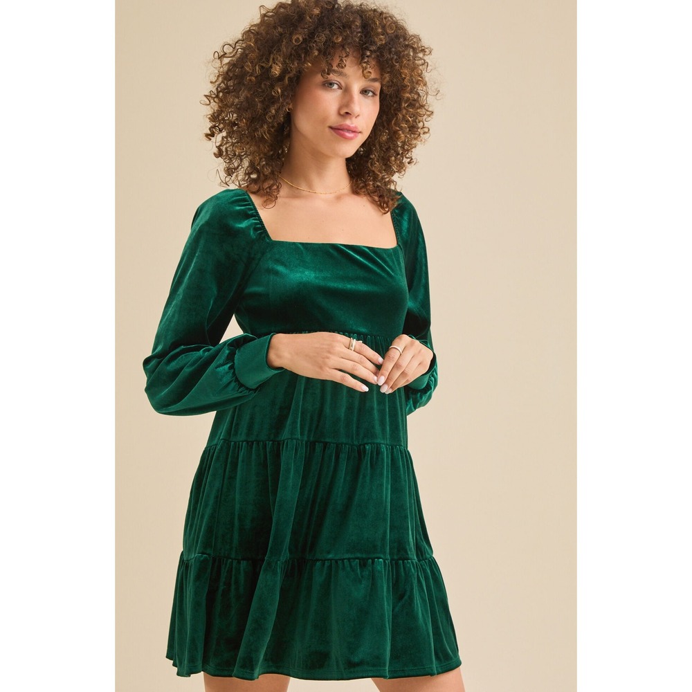 Altar'd State Green Velvet Tiered Babydoll Mini Dress Square Neck Emerald L